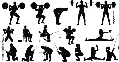 Fitness workout and sport activity silhouettes vector illustration, weightlifting exercises, fishing poses, squat training movements, healthy lifestyle people 