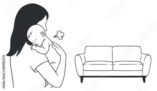 A mother holding her baby with a playful expression in minimalist black and white vector style, perfect for parenting themes