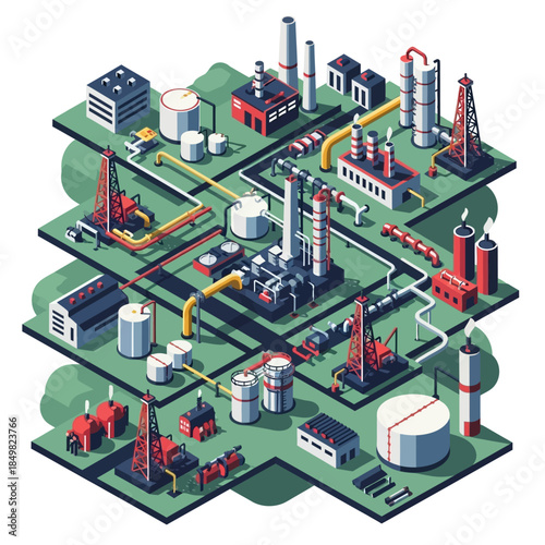 Isometric illustration of a multi-layered industrial complex with oil rigs, storage tanks, pipelines, and processing units, depicting a comprehensive energy production and refining system.