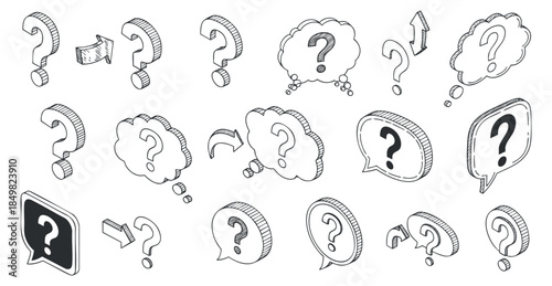 A collection of diverse question mark icons in black and white hand-drawn style, ideal for communication and inquiry designs
