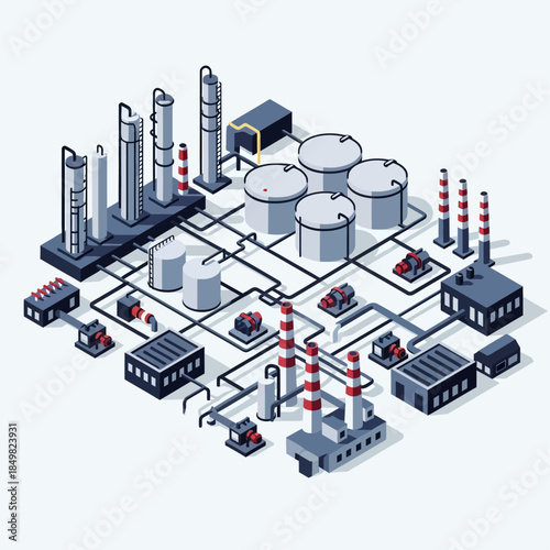 Isometric illustration of a large industrial complex with storage tanks, pipelines, and factory buildings.