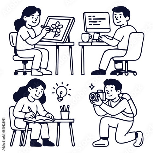 Isolated layered lineart outline of creative people separated in different artistic professions