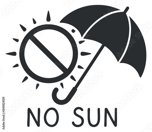 A no sun symbol featuring an umbrella and sun in black and white flat vector style, suitable for weather-related designs