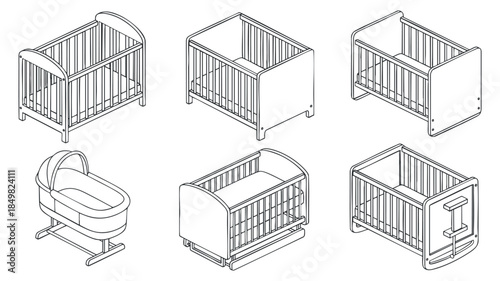 A collection of six different baby cribs in outline minimalist vector style, suitable for nursery design and parenting projects