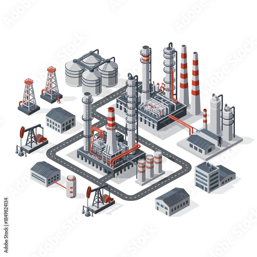 A detailed isometric illustration of an oil refinery and industrial complex with various processing units, storage tanks, and oil derricks connected by roads.