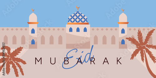 Eid Mubarak greeting card with blue sky, Islamic mosque with patterned dome, towers and palm trees. Religious celebration architecture scene. Vector illustration for cards and banners.