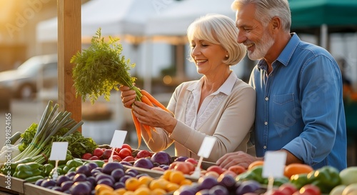 Happy senior couple buying fresh organic carrots and vegetables at a vibrant farmer's market during sunset
