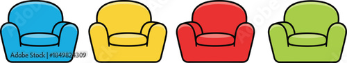 Colorful cartoon armchair set illustration featuring simple modern upholstered chairs, bold outline flat design furniture icons isolated on white background