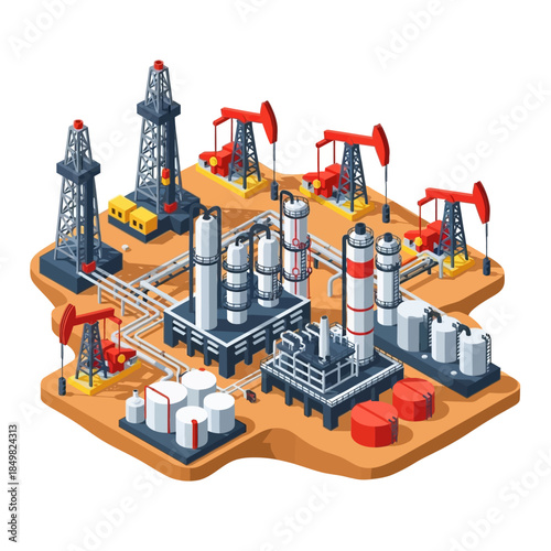 Isometric illustration of an oil and gas industry complex with derricks, pumpjacks, refinery, tanks, and pipelines.