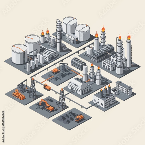 Isometric illustration of an oil and gas industry complex showing extraction, refining, and transportation processes with various industrial buildings and equipment.