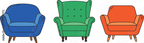 Colorful vintage armchair illustration set showcasing modern and classic upholstered chairs, flat cartoon furniture design isolated on white background