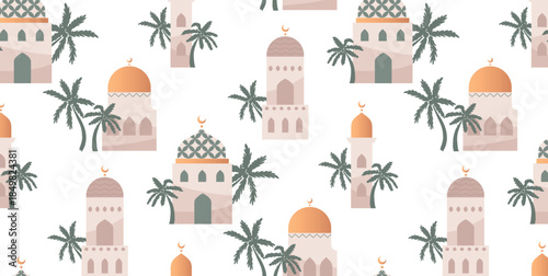 Seamless pattern with mosque domes, minarets, palm trees and Islamic architectural elements. Pastel colors. Crescent moons. Ramadan and Eid. Vector illustration for textile, wrapping and wallpaper.
