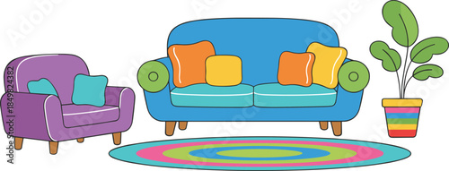 Colorful living room interior illustration featuring modern sofa and armchair with cushions, decorative rug and indoor plant, flat cartoon style on white background