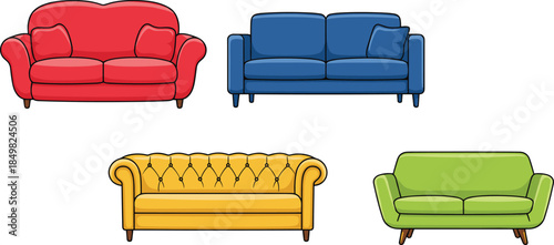Colorful sofa illustration collection featuring modern and vintage couches with cushions, flat cartoon furniture designs isolated on white background