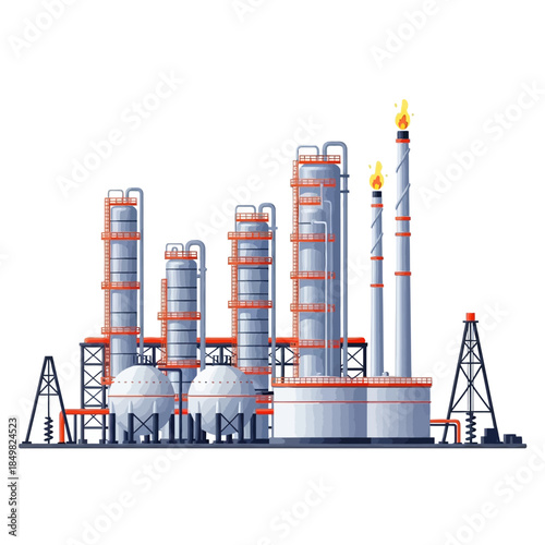 Detailed illustration of an industrial oil refinery or chemical plant with distillation columns, storage tanks, and flare stacks.