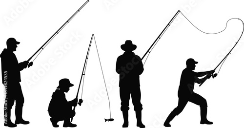 Group of Fishermen Silhouette Vector Illustration Set, Men Fishing with Rods and Reels, Outdoor Hobby and Recreation Activities, Angler Sport and Leisure Time Scene