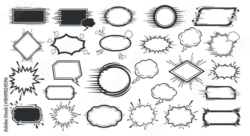 A collection of various speech bubbles, thought clouds, and frames in black and white outline vector style, ideal for comic design and graphic projects