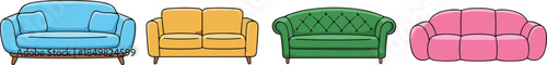 Colorful sofa illustration set featuring modern and classic couches, flat cartoon upholstered furniture designs isolated on white background