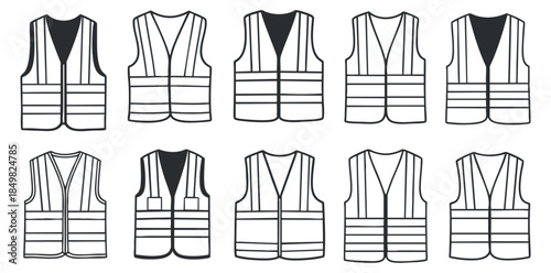 A collection of ten safety vests in black and white outline vector style, ideal for construction and industrial design projects