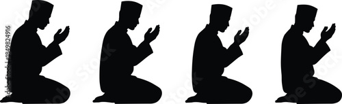 Group of Muslim Men Praying Silhouette Vector Illustration, Islamic Prayer or Salah Ritual Kneeling 