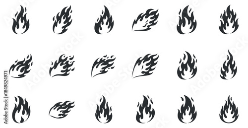 A collection of flame icons in black and white minimalist vector style, suitable for graphic design and branding projects