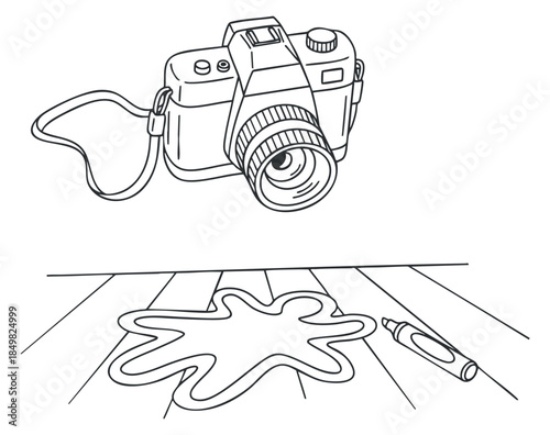 A camera with a strap and a spilled marker ink on a wooden floor in minimalist outline vector style, suitable for art and photography projects