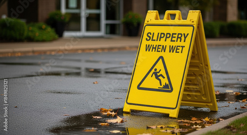 Yellow caution sign reading Slippery When Wet on wet asphalt. Safety warning stand on pavement with autumn leaves and puddles