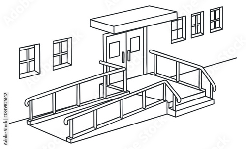 An outline illustration of a building entrance with a wheelchair ramp and steps in modern vector style, suitable for accessibility design projects