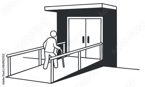 A person using a wheelchair on an accessibility ramp leading to a building entrance in minimalist black and white vector style, ideal for public transport and architectural design.