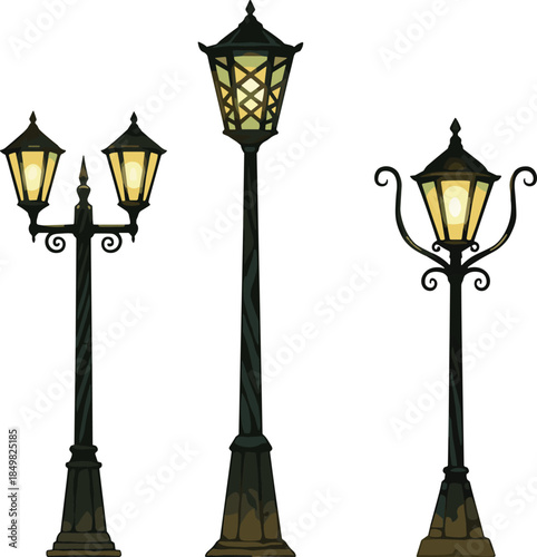 Vintage street lamp set illustration with glowing lanterns, classic outdoor lighting design isolated on white background