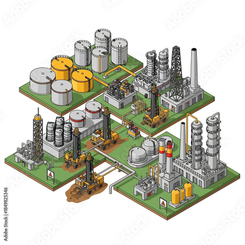 Detailed isometric illustration of an oil refinery and industrial processing complex with storage tanks and drilling rigs.