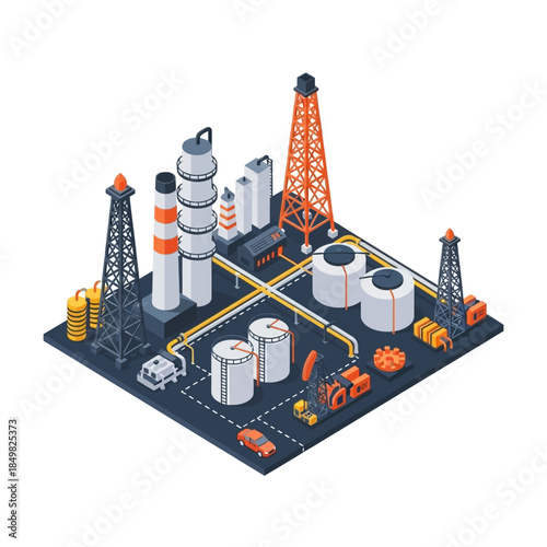 Isometric industrial complex with oil derricks, storage tanks, pipelines, and factory buildings on a dark platform.
