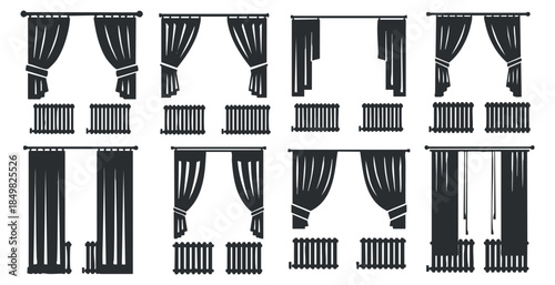 A collection of various curtain designs and styles in black silhouette vector illustration, suitable for interior design projects