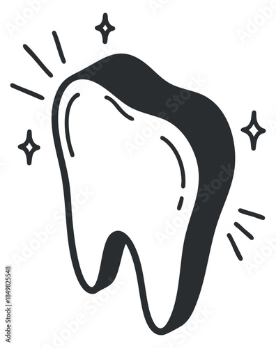 A cartoon-style tooth with sparkling effects in black and white vector style, ideal for dental hygiene branding or health-related designs