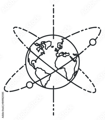 A globe with orbital paths and satellites in clean outline geometric vector style, suitable for educational and technology projects