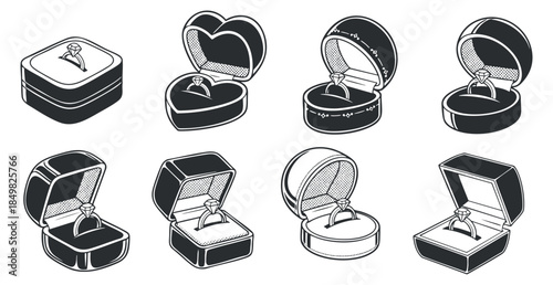 A collection of various ring boxes in outline black and white vector style, perfect for jewelry and wedding designs