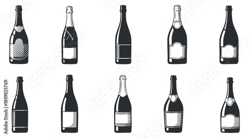A collection of champagne bottle illustrations in black and white minimalist vector style, perfect for event invitations and beverage branding