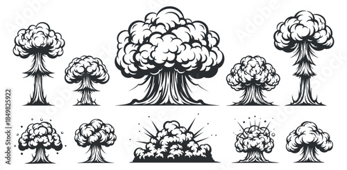 A collection of cartoon-style explosion and smoke clouds in black and white vector illustration, suitable for graphic design and creative projects