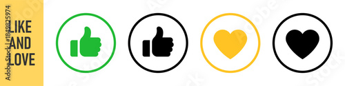 Like and love icon set, social media reaction icons featuring thumbs up and heart symbols in circle outlines. with color variations. for web, app, engagement, approval, and favorite functions