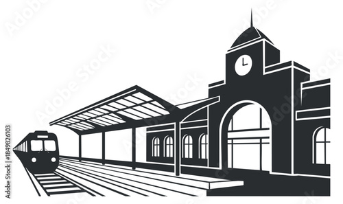 A train station with a clock tower and platform in black and white minimalist vector style, perfect for transportation graphics