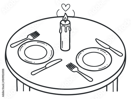 A romantic dinner table setting with a candle and plates in minimalist outline vector style, ideal for love-themed events and illustrations