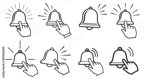A set of notification bell icons with hand gestures in clean outline vector style, suitable for user interface and app design