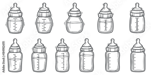 A set of twelve baby bottles in hand-drawn outline vector style, suitable for baby care and parenting design projects