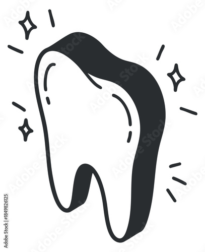 A smiling tooth character with sparkles in a minimalist black and white vector style, ideal for dental care branding