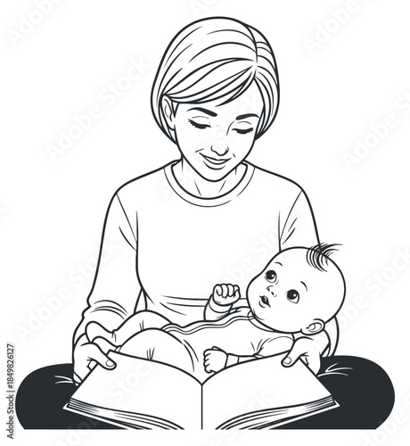 A mother reading a book to her baby in black and white line art style, perfect for family-oriented projects and educational materials