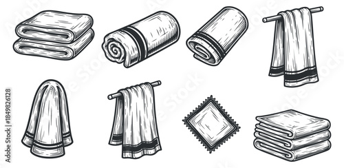A collection of various towels including bath and hand towels in detailed outline vector style, suitable for home decor and textile design