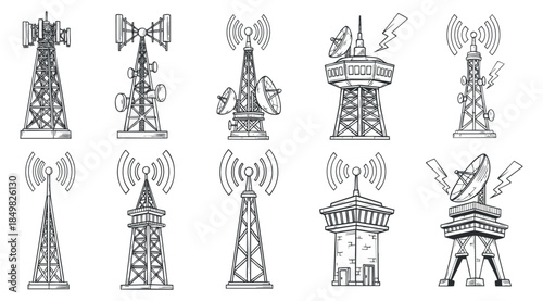 A set of various communication towers and antennas in black and white outline vector style, suitable for technology and telecommunications projects