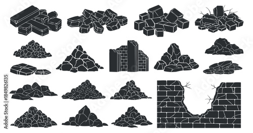 A set of various rock piles, bricks, and broken wall structures in black and white outline vector style, suitable for construction and architectural designs