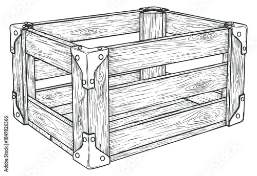 A wooden storage crate sketch in outline style, perfect for rustic decor and vintage-themed designs