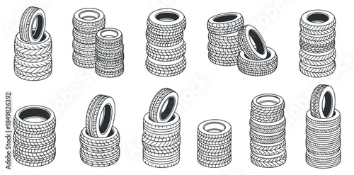 A collection of various tire designs in black and white outline vector style, ideal for automotive industry projects